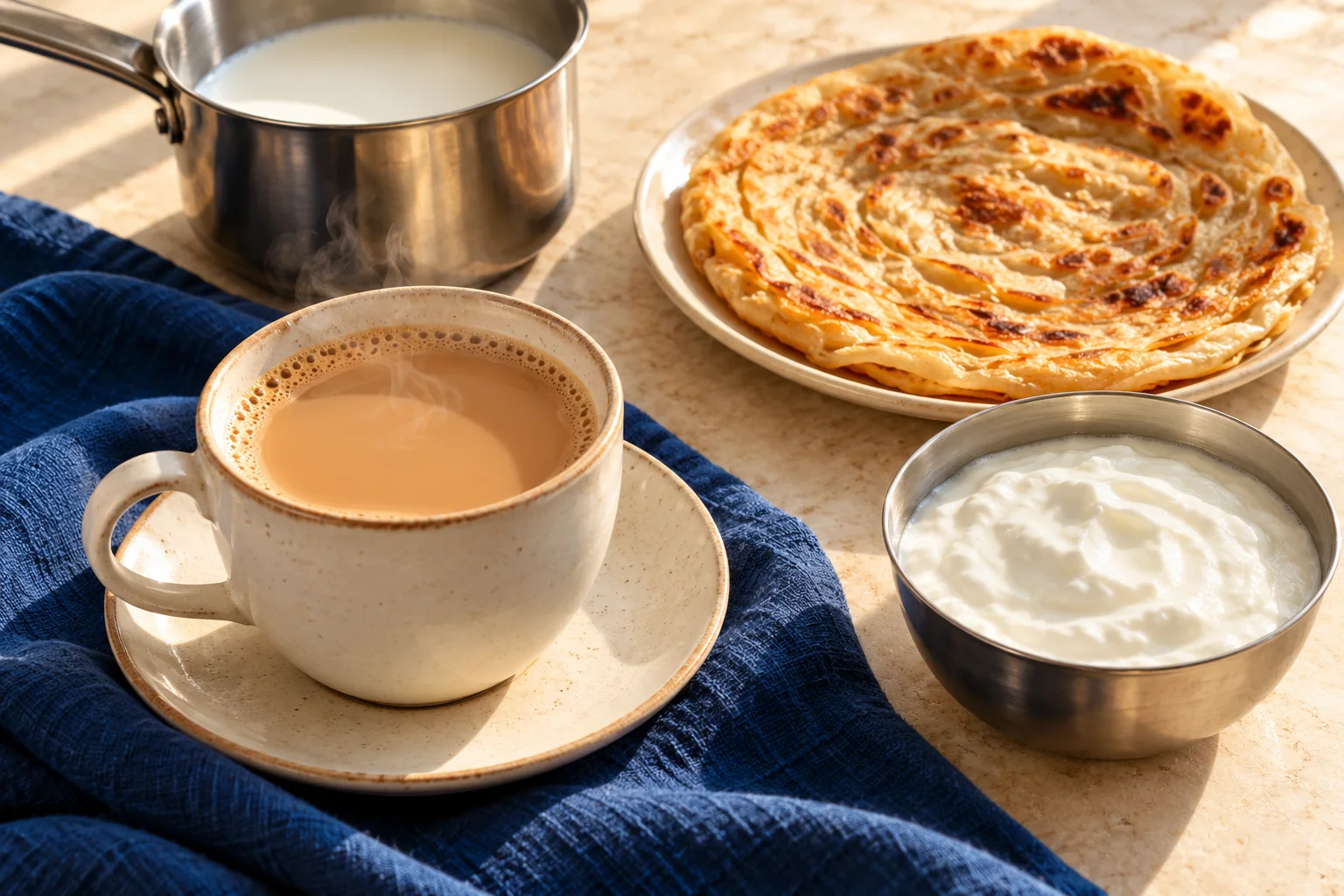 A warm breakfast of milk tea, paratha, and yogurt on a blue linen cloth